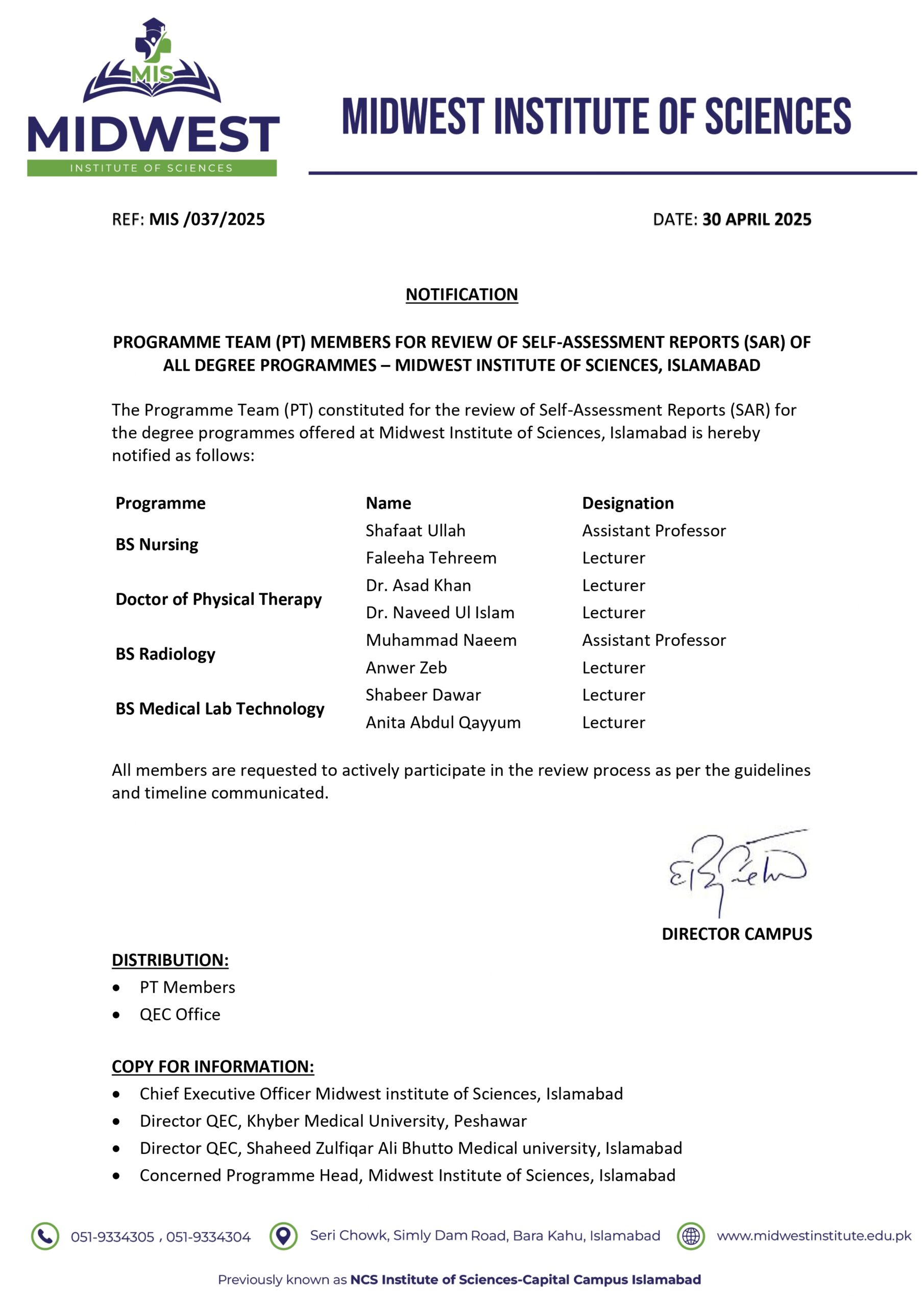 PT Notification for Review of SAR of MIS