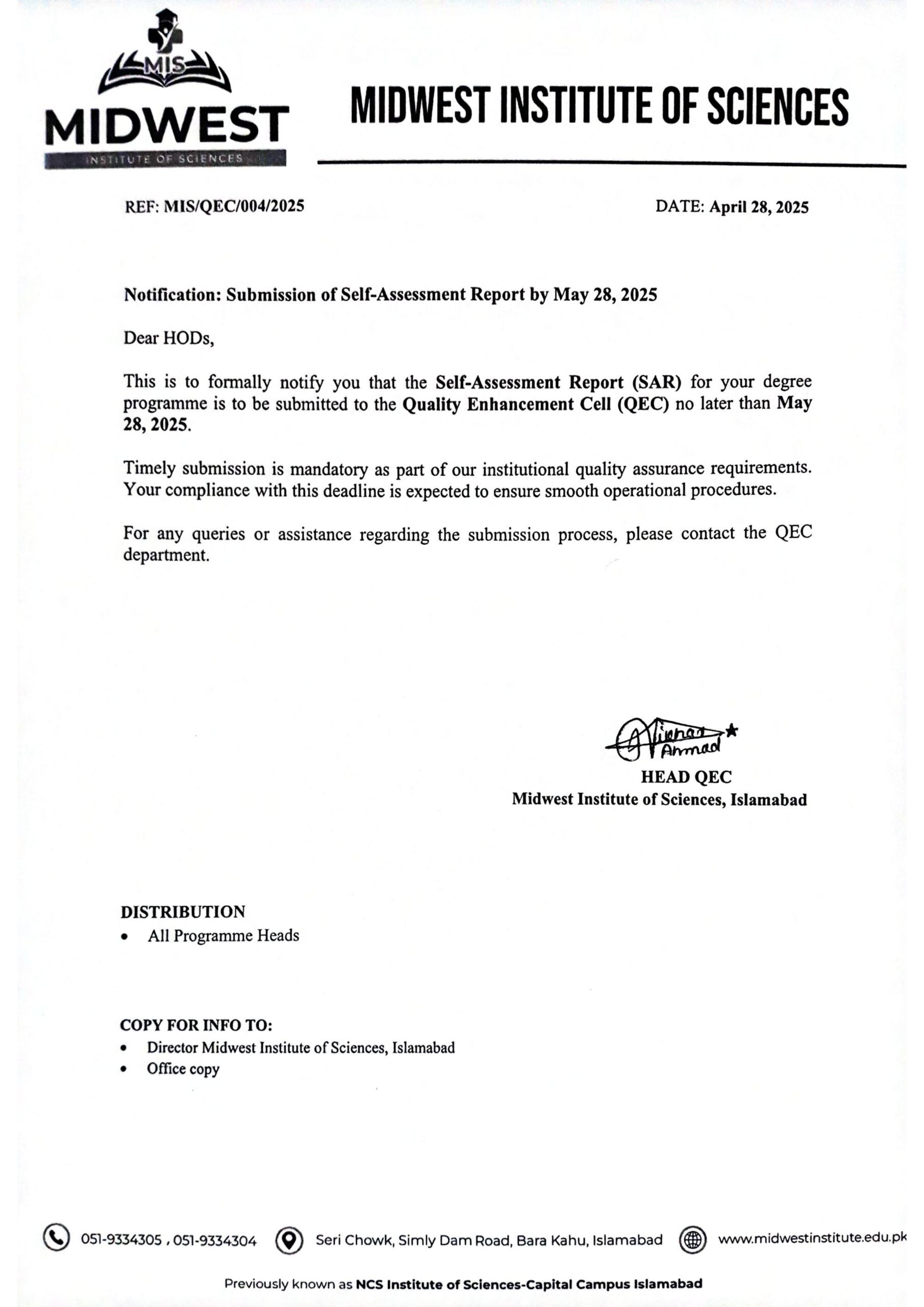 Submission of SAR by Heads-Notification