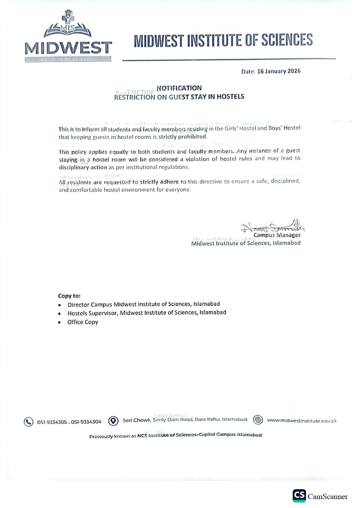 Guest Stay at Institute’s Hostel Notification