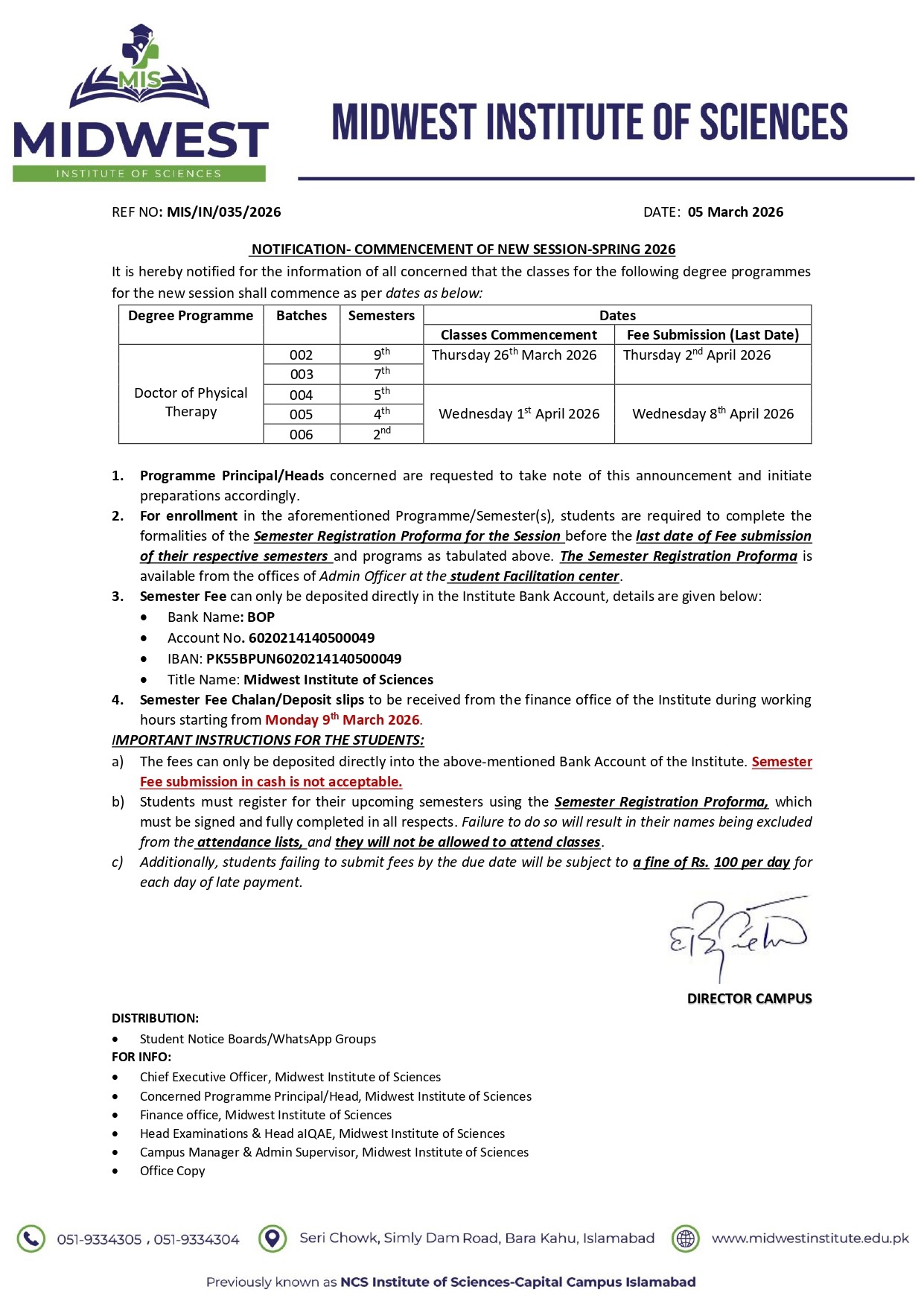 Notification DPT All Batches-Spring 2026